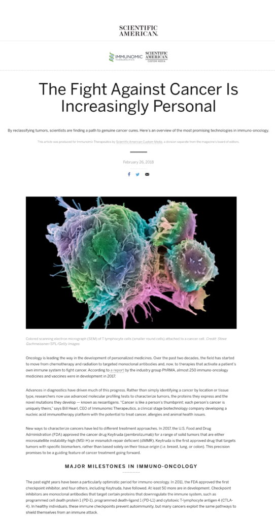 Scientific American branded content with Immunomic Therapies